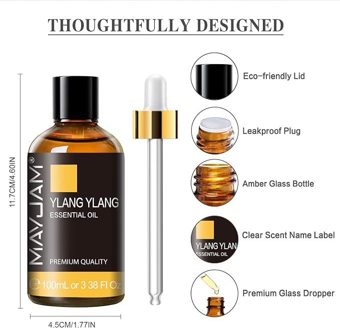 Ylang Ylang Essential Oil, MAYJAM 3.38FL.OZ Premium Quality Essential Oils for Diffusers for Home, 100ML Ylang Ylang Oil Scented Oil, Great for DIY Soap Candle Making