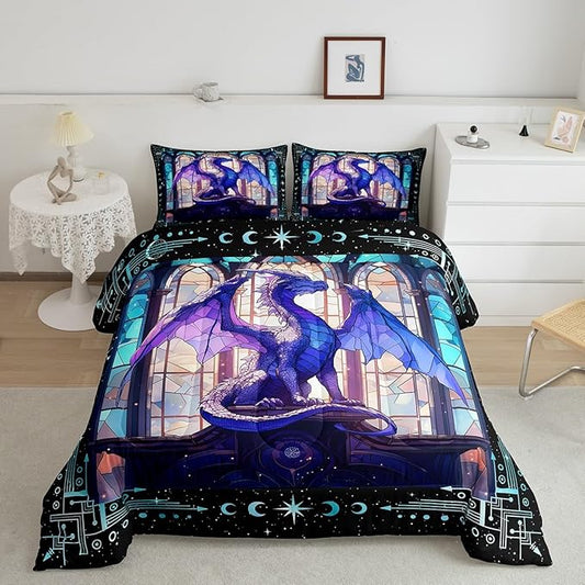 Feelyou Dragon Comforter Set Toddler Size Dragon Stuff Comforter for Boys Girls Teens Modern Bedding Set Dragon Decor Duvet Set Room Decor Purple Quilt Set
