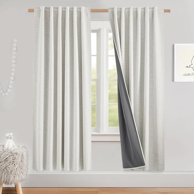 NICETOWN 100% Blackout Curtains 72 inch Long 2 Panels, Linen Blend Thermal Insulated Curtains with Grey Liner, Privacy Window Draperies for Living Room, Nursery, Alabaster Gray, W52 per Panel