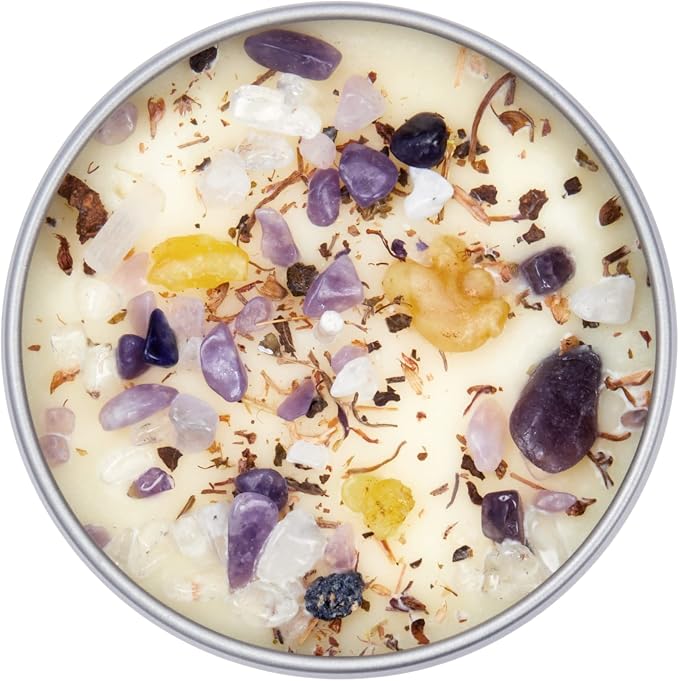 Crown Chakra Candle by New Moon Beginnings - Chakra Candles - Dried Flower, Herb, & Crystal Candles - Aromatherapy Candles - Soy Candle - 8oz Tin