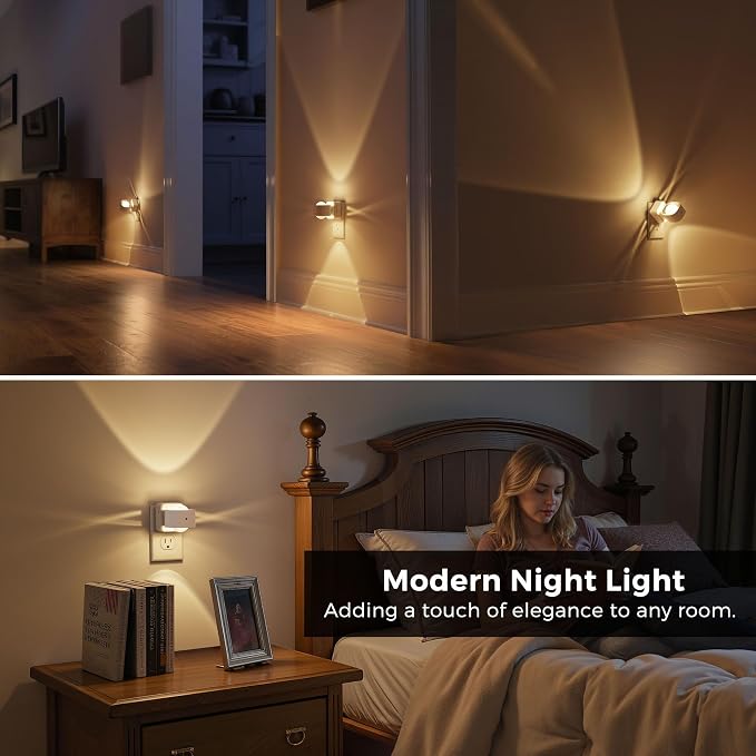 L LOHAS LED Night Lights Plug into Wall, Night Light Projector Light Sensor | Dusk to Dawn Sensor, Rotating White Nightlight for Kids, Soft White Ambient Lighting for Bathroom, Gaming Room, Gifts, 2 Pack
