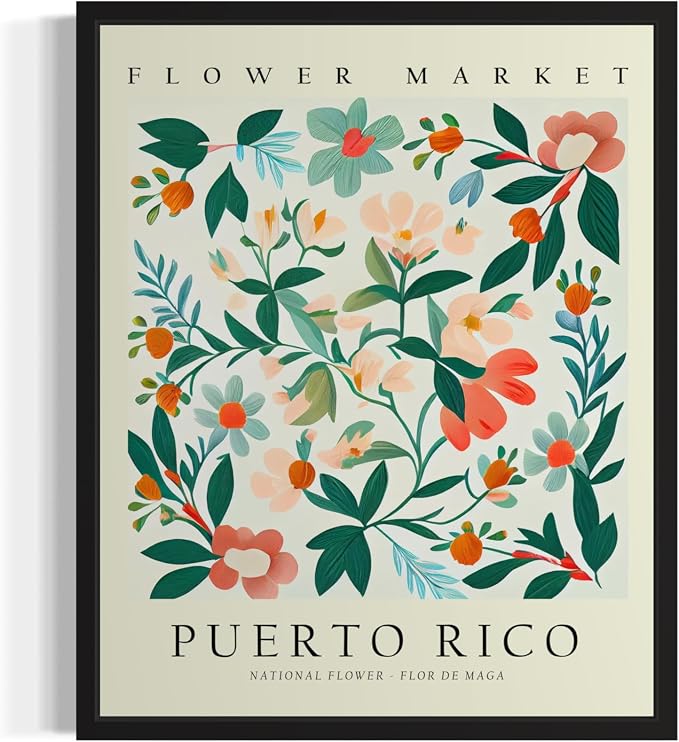 Puerto Rico Flower Market Art Print Poster, Wall Art Floral Painting Botanical Decor for Bedroom, Kitchen, Bathroom Livingroom Decoration 82B (Puerto Rico, 24"L x 18"W, Black Frame)