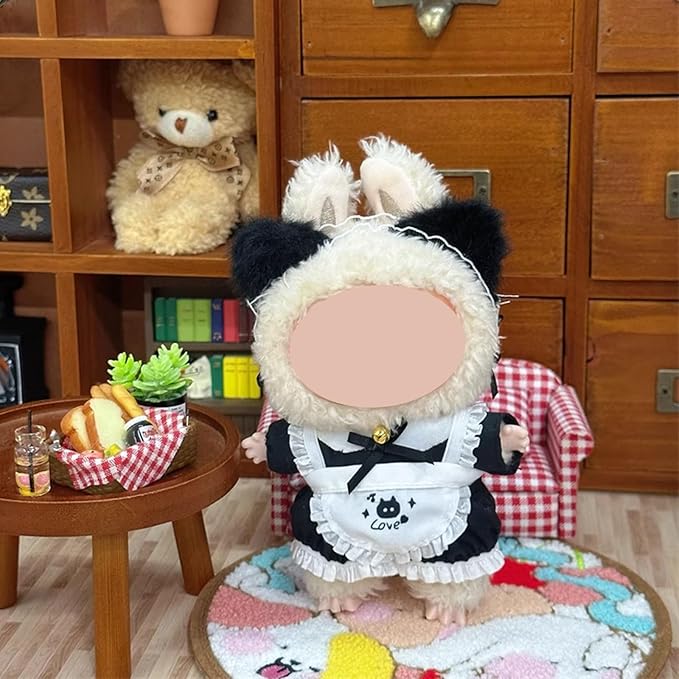 Maid Dress for Labubu, Cute Plush Cat Ears & Tail & Dress & Apron, 4pcs Kawaii Clothes Accessories Set for 17cm Doll, Halloween Cosplay Costume Dress-up Outfits (No Doll Included) (StyleA Cat Maid)