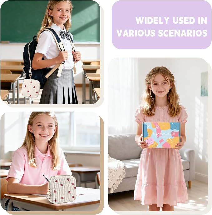 First Period Kit for Teen Girls, Bow Tie Corduroy Cute Sanitary Napkin Storage Bag, Menstrual Pad Bag Tampon Holder for Purse, First Period Gifts, Birthday/Christmas Gifts (Strawberry)