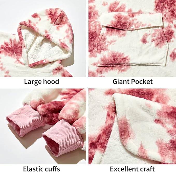 Krifey Wearable Blanket Hoodie, Oversized Sherpa Fleece Sweatshirt with Giant Pocket, Birthday Gifts for Women, Mom, Sister, Red Tie Dye