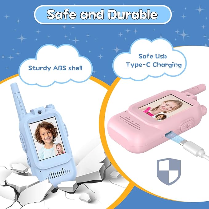 Walkie Talkies for Kids Pack of 2, Rechargeable Long Range Two Way Radios Toys for Boys Girls Age 3-5, Outdoor Adventure Camping Hiking, Birthday with Pink Blue Design