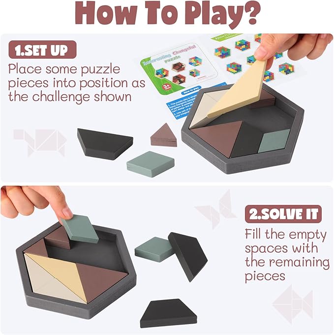 Yunsailing 3 Pack Hexagon Tangram Puzzle Wooden Brain Puzzles with Storage Bag Challenge Wood Russian Blocks Brain Teasers Geometric Jigsaw Block Logic Iq Stem for Family Party Gift (Modern)