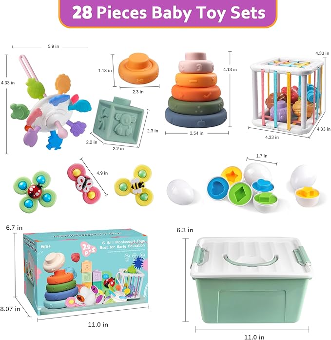 Baby Toys for 6 to 12 Months, Montessori Sensory Bins & Teething Toys, 6 in 1 Stacking Blocks, Rings, Eggs, Spinner, Crab Shape, 27 Pieces, Ages 6-36 Months