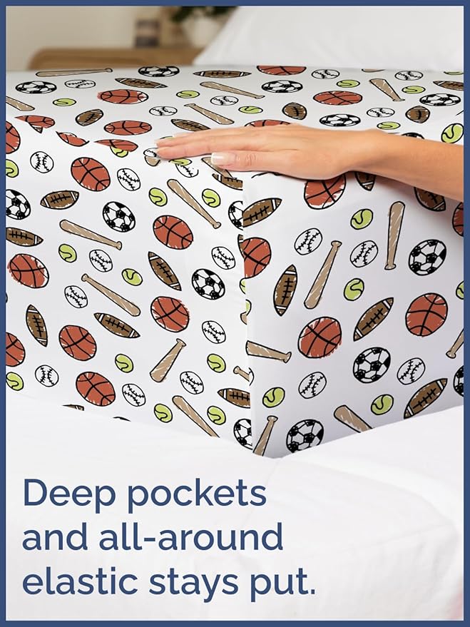 Kids King Size Bed Sheet Set - 4 Piece Kids Loft Bed Sheets - Soccer, Basketball, Football, Tennis and Baseball - Soft, Cute - Breathable & Machine Washable - Bed Set for Boys, Girls, Teens & Toddlers