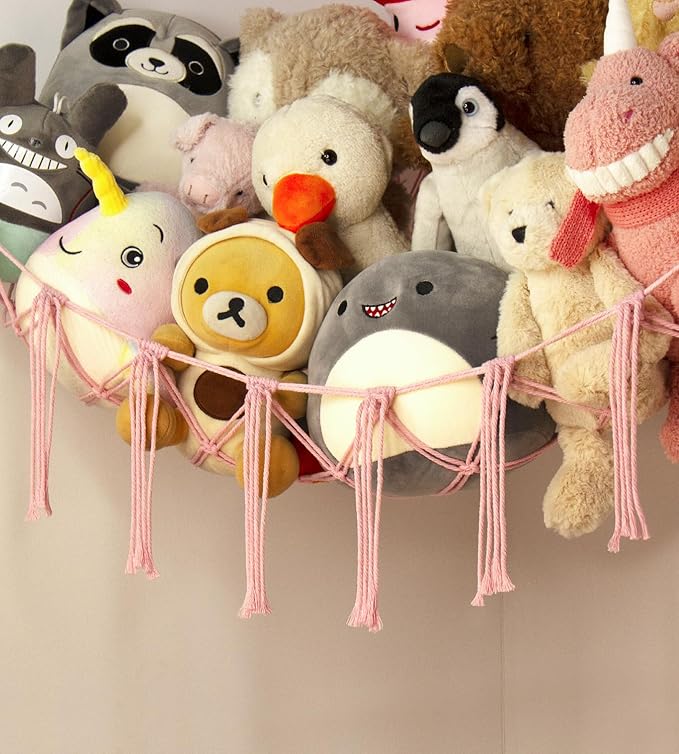 Large Stuffed Animal Storage Hammock Corner Net - Pink Room Decor for Teen Girls - Toys Storage Hanging Stuff Animal Organizer Holder Cute Stuff - Boho Nursery Dorm Bedoom Decor Aesthetic