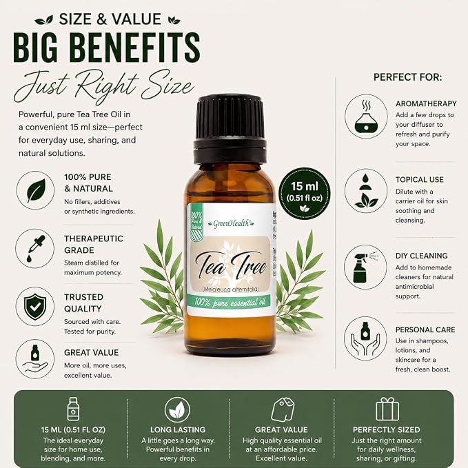 GreenHealth Tea Tree Essential Oil 15 ml - 100% Pure Essential Oil