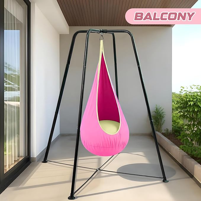 Sensory Swing Stand Frame with Pod Chair and Swings Set Kid Heavy Duty Metal Swing Stands Autism Hammock Chair Stand Tree Saucer Round for Kid Adult Indoor Outdoor Backyard Park(Pink)