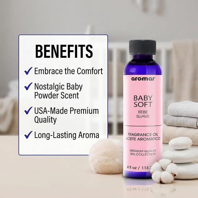 Aromar Premium Fragrance Oil, Long-Lasting, Refreshing Uplifting Aroma for Aromatherapy, Relaxation & Household Uses, Baby Soft Powder 4 oz.