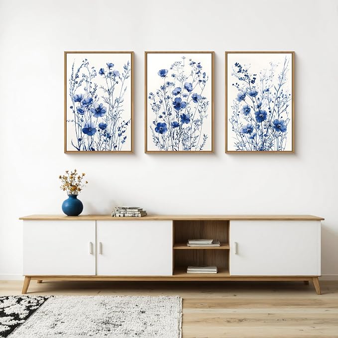 FWIEXA Blue White Wildflower Canvas Wall Art Set of 3, Framed Navy Chinoiserie Watercolor Botanical Pictures Wall Decor, Minimalist Floral Paintings Artwork, 16x24In Florals Prints for Living Room, Bedroom, Bathroom