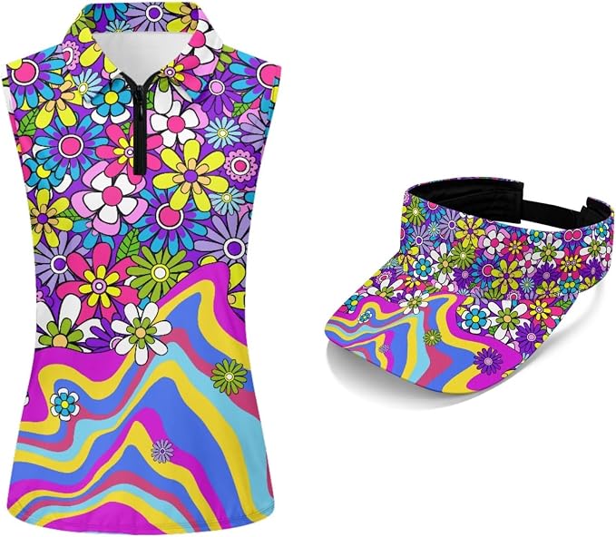 POLERO Golf Tank Top Women Golf Shirts and Visor Hat Collared Racerback Tennis Shirt Set Quarter Zip