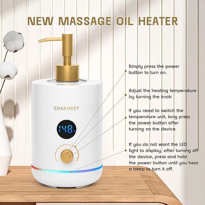 CHARMKEY Massage Oil Warmer White, 2 Oil Bottle Dispensers & 2 Silicone Funnels, Digital Heater for SPA, Oil Lotion Cream for Salon, Barber Shops, Home, Automatic Lotion Warmer