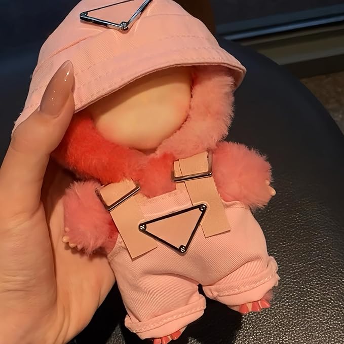 Clothes for 17cm Dolls(NO Doll)，Premium Handmade Clothes，Adjustable Kawaii Outfits for Clothes Set，Dolls Keychain Accessories，Bucket Hat+Overalls (Pink)