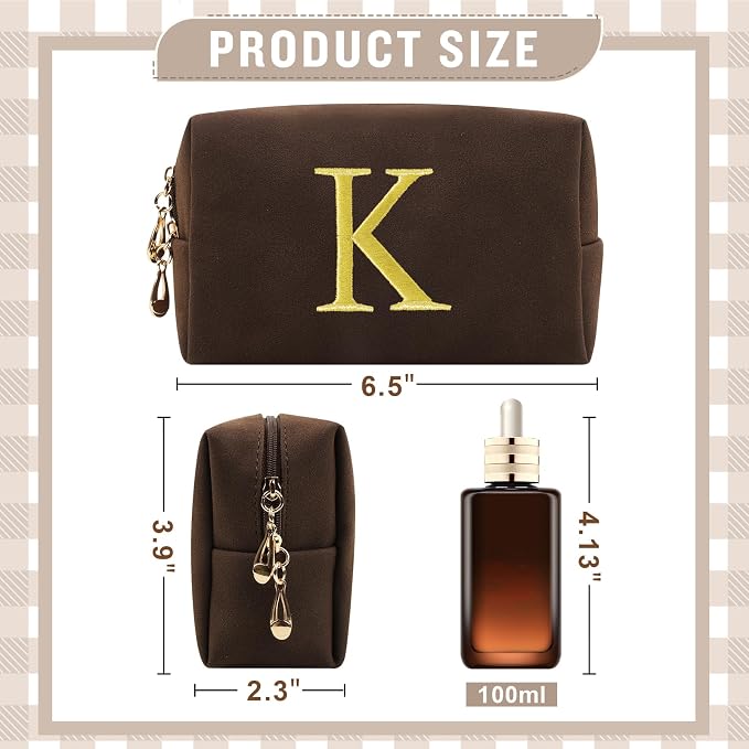 Personalized Initial Makeup Bag,Preppy Suede Cosmetic Bag for Teen Girls,Small Monogram Travel Toiletry Bag With Gold Embroidered Letter,Trendy Stuff Custom Christmas Gift for Women(Coffee-K)