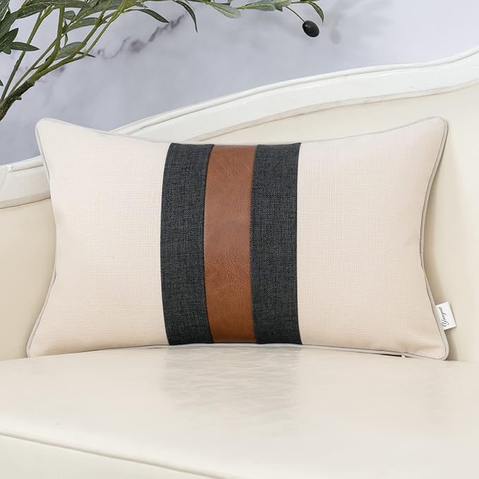 Patchwork Pillow Cover 12x20 Inch Luxury Cotton and Linen Cushion Cover Faux Leather Pillowcover for Couch Bedroom Living Room, White
