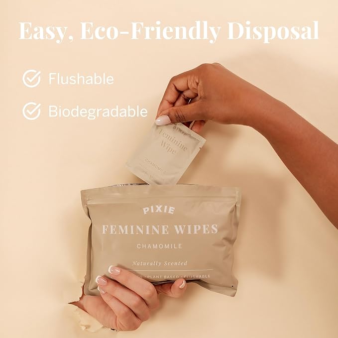 Pixie Menstrual Cup Wipes - Chamomile Scented, Flushable, Biodegradable & pH Balanced - Best Individually Wrapped Wipes for On-The-Go & Public Bathrooms - Wash & Cleaner for Cups & Discs (10 Count)