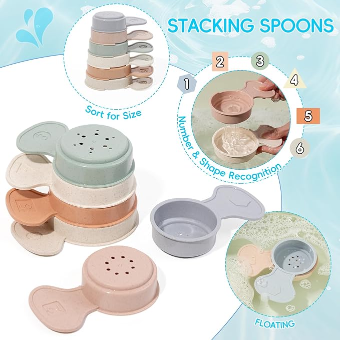 Baby Bath Toys for Kids Ages 1-3, 15 PCS Mold Free Bath Toys for Toddlers 2-4 Bathtub Water Table Pool Toys, Silicone Bath Toy and Bath Boats Spoons, Baby Shower & Birthday Gifts for Babies & Toddlers