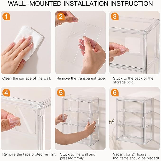 3 Tier Clear Display Case for Figures, Wall-Mounted Acrylic Storage Organizer Box, Stackable Display Cabinet with Magnetic Door & Removable Shelves, Showcase for Collectibles, Figures