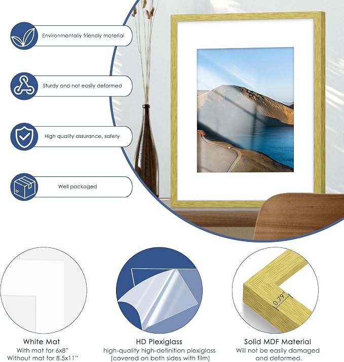 12x16 Picture Frame Set of 6, Wall Mount Display, Gold | Display Pictures 8.5x11 with Mat or 12x16 Without Mat, Horizontal or Vertical, Gallery Wall Frame Set, Wedding Birthday Gifts