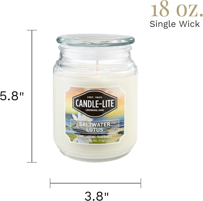 Candle-lite Scented Candles, Saltwater Lotus Fragrance, One 18 oz. Single-Wick Aromatherapy Candle with 110 Hours of Burn Time, White Color