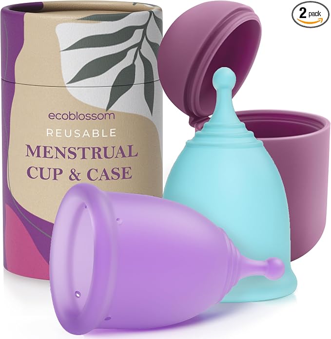 EcoBlossom Reusable Menstrual Cup and Case - The Most Reliable Medical Grade Silicone Period Cups - Comfortably use for 12 Hours (Large (Pack of 2), Round Stem & Case)