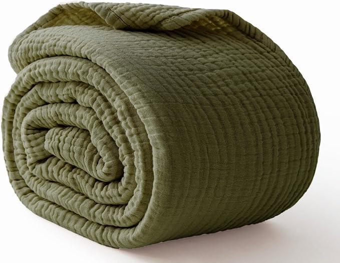 100% Cotton Muslin Blanket Twin 66" x 90", Breathable and Lightweight Twin Blankets for Couch, Soft Cooling Summer Gauze Blanket for Adults All Season, Olive Green