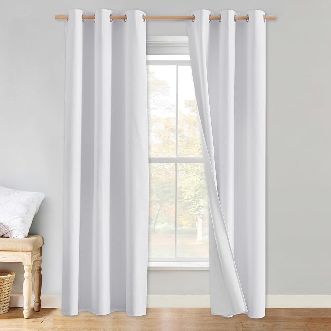 NICETOWN 100% Absolutely Blackout Linen Curtains with Thermal Insulated White Liner, White, 42 inches Wide, 90 inches Length Energy Saving Curtains for Living Room 2 Panels Set, Vertical Blinds
