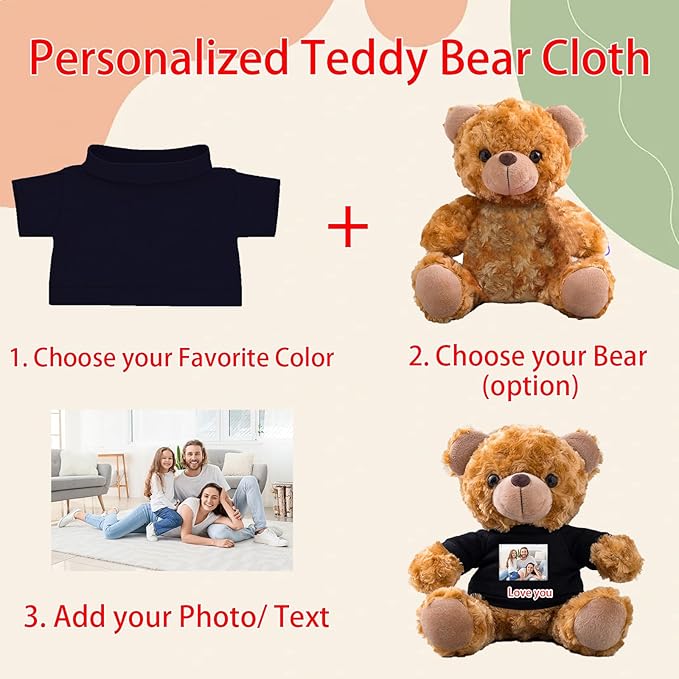 Personalized Teddy Bear Clothes with Photo Text, Custom Stuffed Animal Clothing Fit 8-16inch Stuffed Bear Clothes, Personalized Doll Clothing Make Your Own Plush Doll Shirt