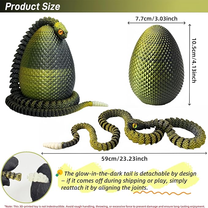 23" 3D Printed Snake with Egg - Flexible Snake with Luminous Tail, 3D Fake Snake Fidget Toys for Autism/ADHD, 3D Printed Animals Snake Toy for Kids & Adults (BlackGolden)