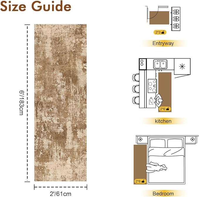 2x6 Ft Washable Runner Rug, Non-Slip Low Pile Hallway Kitchen Area Rug, Soft Long Entryway Floor Mat Abstract Pattern Carpet for Bedside & High-Traffic Areas (Brown)