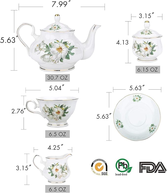 CHENP.HMC Porcelain Tea Set Tea Cup Set 22-Piece Porcelain Ceramic Coffee Tea Gift Sets Cups Saucer Service for 6 Teapot Sugar Bowl Creamer Pitcher and Teaspoons tea pot sets(Camellia)