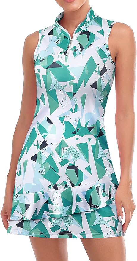 Viracy Tennis Dress for Women Sleeveless Golf Dresses with Shorts and Pockets Ruffle Zip Up Stand Collar Golf Outfits