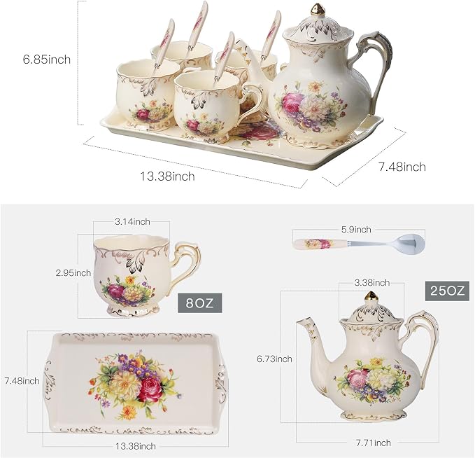 YOLIFE Porcelain Tea Set, Vintage Flowering Shrubs Teapot and Cups Set for Tea Party, Birthday Gifts for Mom Adults Women Wedding
