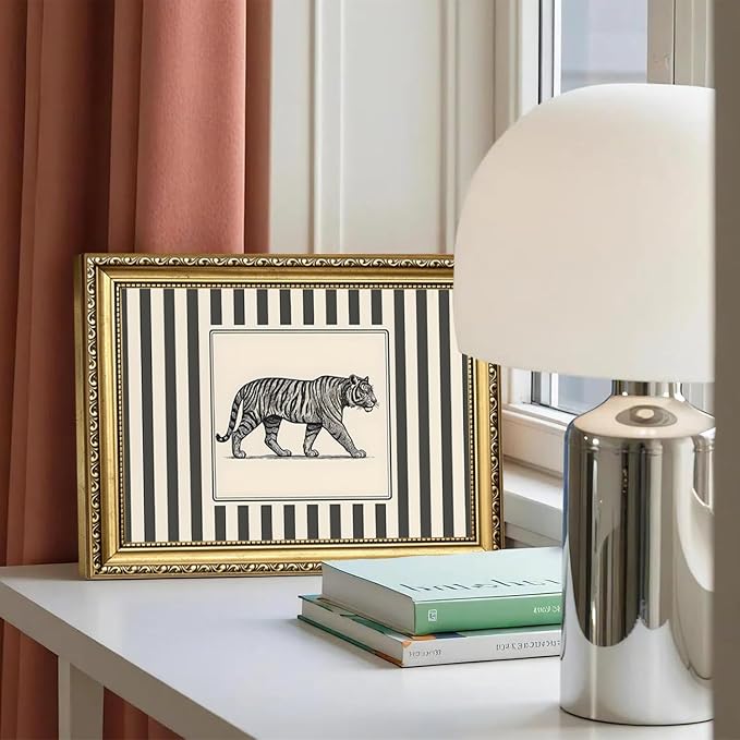 Vintage Tiger Wall Art Wildlife Wall Decor Pictures Black and White Stripe Jungle Animal Poster Canvas Painting Print for Bedroom Living Room Bathroom 8x10 inch Gold Framed