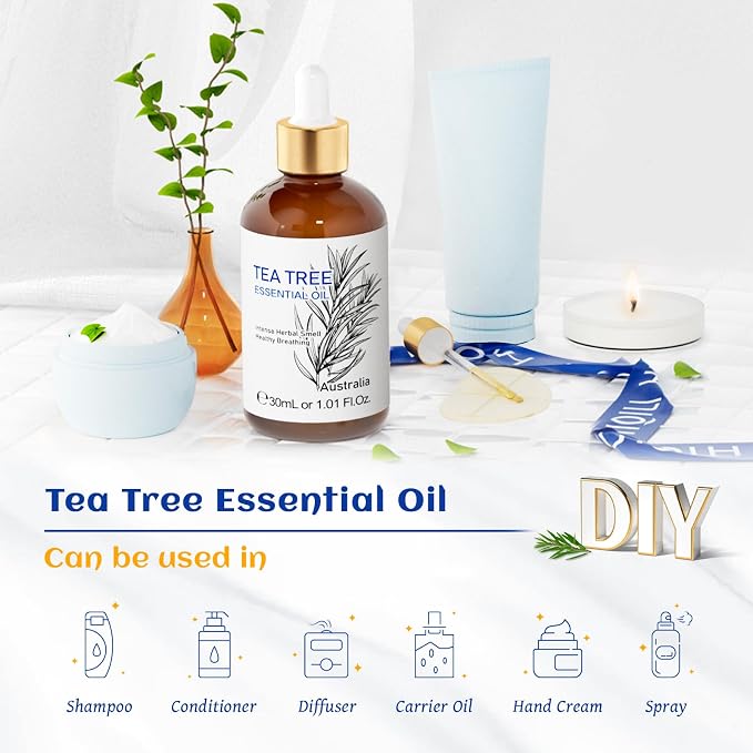 HIQILI Tea Tree Oil for Skin, Hair, Toenail | Add to Shampoo, Body Wash, Soap, Foot Soak - 30mL / 1.01 fl.oz