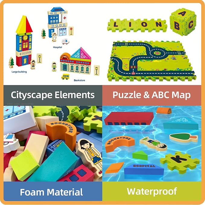 City Street View Foam Building Blocks Set for 2-4 Years Old, Town Construction Soft Stacking Blocks with Alphabet Letters Puzzle Playmat, Educational Learning Gifts for Kids 18+ Months