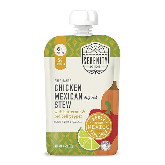 Serenity Kids 6+ Months Mexican Chicken Baby Food Pouch - 3.5 oz, Pack of 6 - Protein-Packed Flavored Meat Pouch - Savory Chicken Mexican Stew Flavor - BPA-Free Organic Baby Food