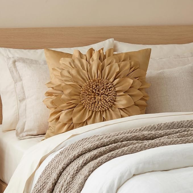 Gold Accent 3D Flower Decorative Throw Pillow Covers for Bed Sofa Couch | Bella's Giftshop Handmade Sunflower Taffeta Pillow Cases Living Room Bedroom Decor, 18x18 Inch