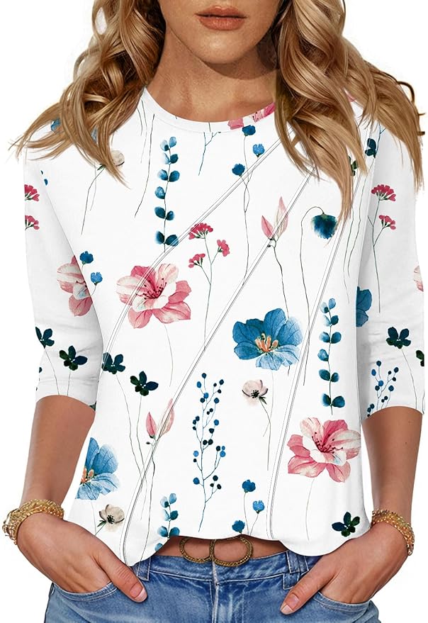 LOMON 3/4 Length Sleeve Womens Tops Spring Summer Fashion 2026 Tops Crew Neck Pleated Shirts Tunic Top Loose Fit