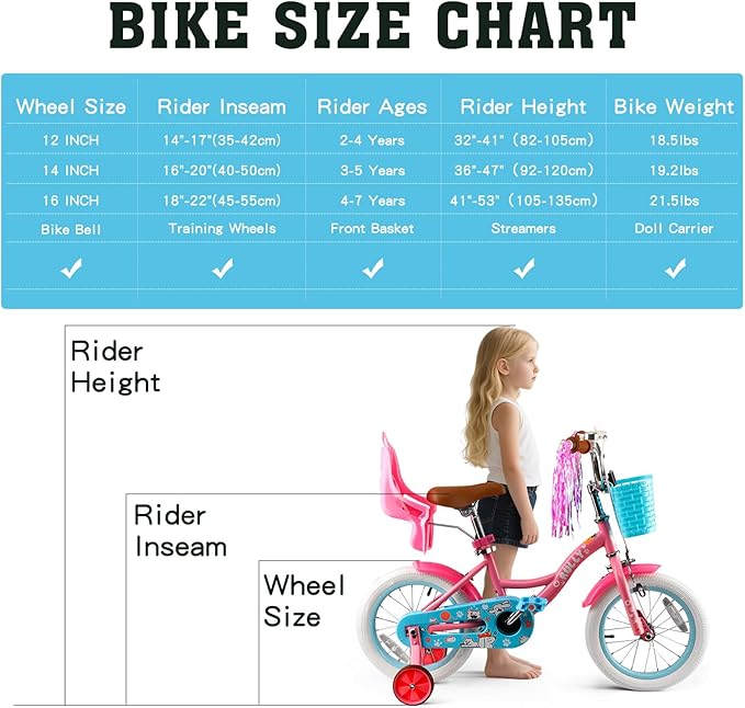 RULLY 12-16 Inch Girls Bike with Doll Seat Basket and Training Wheels for 2-6 Years Children