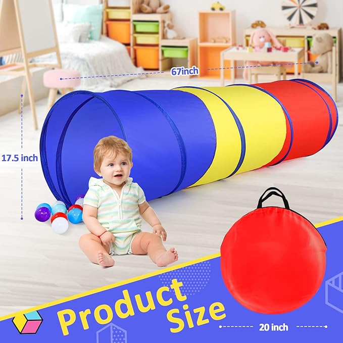 PigPigPen Pop Up Play Tunnel Tent for Toddlers Babies or Dogs, Indoor & Outdoor Toys for Kids Backyard Playset. (Red,Yellow,Blue)