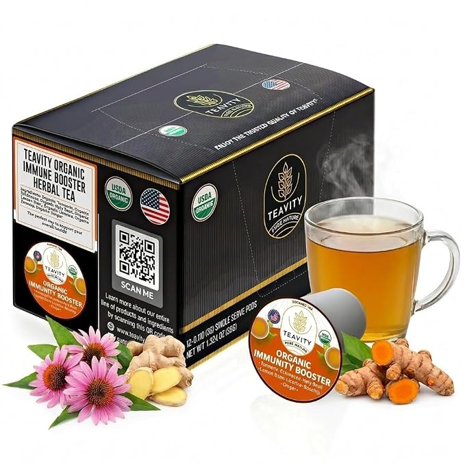 Organic Ginger Tea Pod with Echinacea, Turmeric, and Licorice for Keurig, Decaf by Teavity (12 Tea Pods)