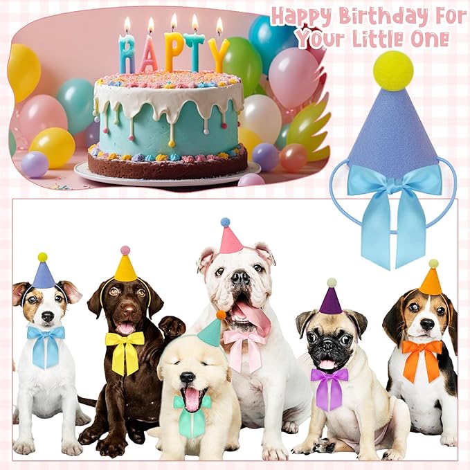 12pcs Mini Party Hats for Stuffed Animals, Birthday Party Cone Hats with Bow Tie for Dolls Dog Cat Rabbit Puppies Assorted Animal Birthday Decorations
