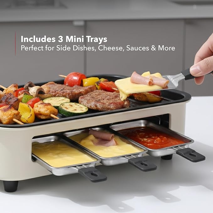 OVENTE 2-in-1 Electric Indoor Grill Non-Stick Cooking Plate, Beige BQR1502B | 1500W Smokeless Korean BBQ Griddle with, 3 Raclette Cheese Pans, Adjustable Temperature Control, Dishwasher Safe