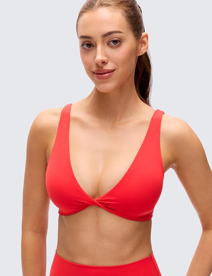 CRZ YOGA Butterluxe Front Twist Deep V Neck Sports Bras for Women - Wide Straps Padded U Back Yoga Crop Top