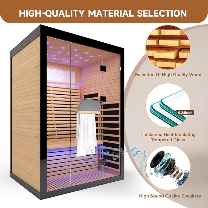 Infrared Sauna 2 Person Low-EMF Far Infrared Sauna for Home Gym Spa | Canadian Hemlock Wood Indoor Dry Saunas with Oxygen Bar, Starry Sky Lights Ceiling, Speakers -2160W 丨 53.1 * 47.2 * 74.8 in